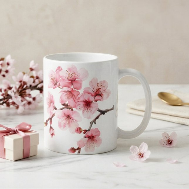 Caneca De Café Flores de Cerejeira Rosa Branco (Criador carregado)