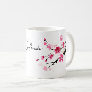 Caneca De Café Flores de Cerejeira Rosa com um Nome em Letra de F