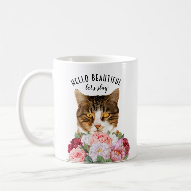 Caneca De Café Flores De Gato Engraçadas Olá Linda (Esquerda)