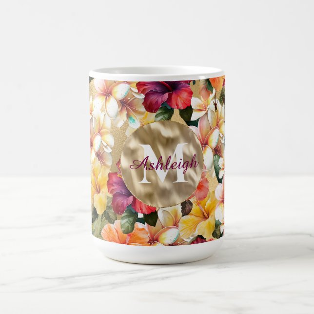 Caneca De Café Flores de Hibisco Amarelo Tropicais Monograma (Centro)