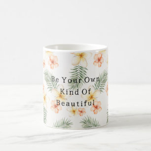 Caneca De Café Flores de Hibisco Branco Pêssego Folhas Verdes