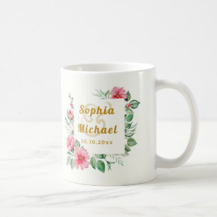 Caneca De Café Flores de Hibisco Tropical Rosa e Verde Exuberante