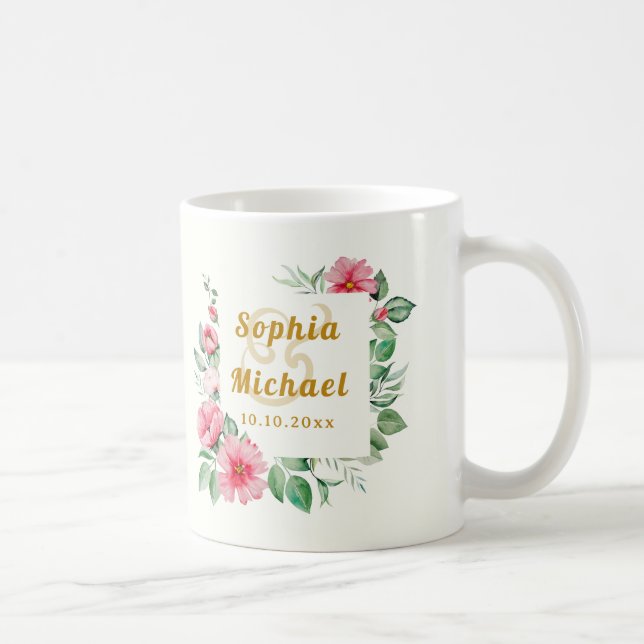 Caneca De Café Flores de Hibisco Tropical Rosa e Verde Exuberante (Direita)