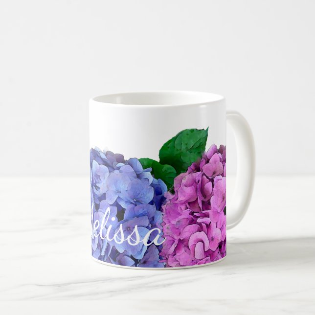 Caneca De Café Flores de Hydrangea Azul e Rosa Personalizadas (Frente Esquerda)