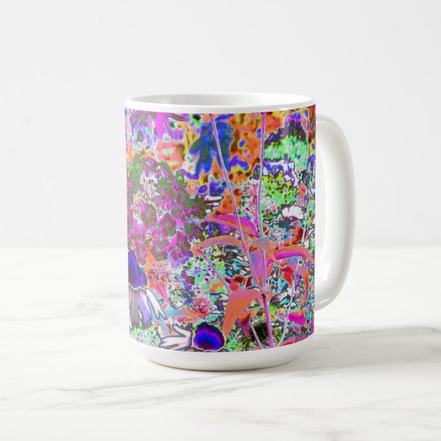 Caneca De Café Flores de Jardim Rosa Quente e Verde Lima Psicodél (Frente Esquerda)