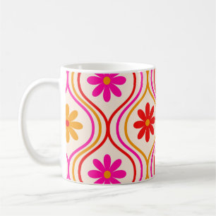 Caneca De Café Flores de Laranja Vermelhos-Rosa Vintage no Padrão