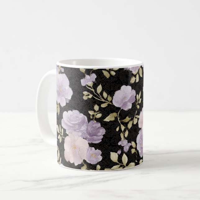 Caneca De Café Flores de Lavanda com Rubor Negro (Frente Esquerda)
