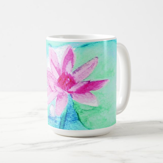 Caneca De Café Flores de Lotus Rosa Pastel Aquarela (Frente Esquerda)