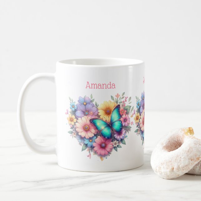 Caneca De Café Flores de Margarida com uma Borboleta Bonita (Com Donut)
