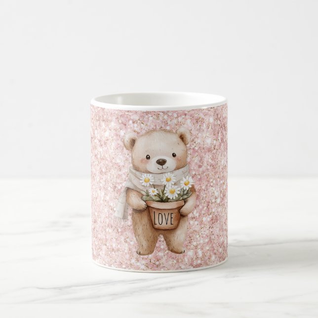 Caneca De Café Flores de Margarida de Urso Doce Brilho Rosa (Centro)