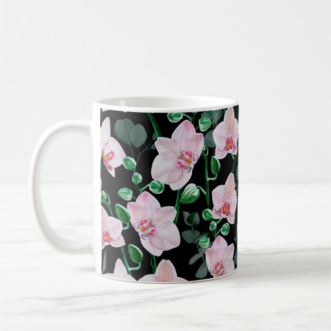 Caneca De Café Flores de orquídeas aquáticas e eucalipto folhas p (Esquerda)