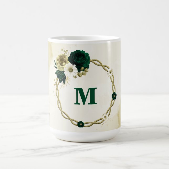 Caneca De Café Flores de ouro marfim verde esmeralda monograma (Centro)