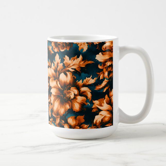 Caneca De Café Flores de Ouro refinadas e luxuosas, folhas em azu (Direita)