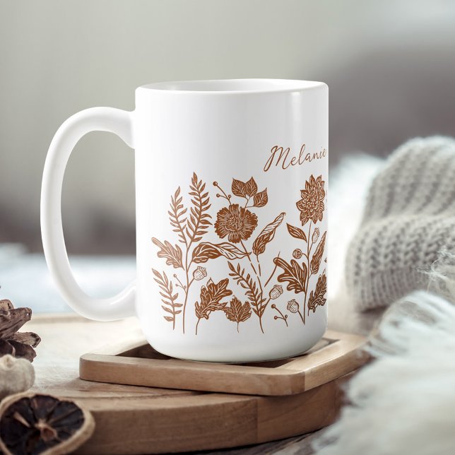 Caneca De Café Flores de outono de Folhagem Personalizadas Laranj (Personalized Foliage Autumn Flowers Orange Coffee Mug)