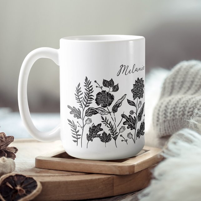 Caneca De Café Flores de outono de Folhagem Personalizadas Pretas (Personalized Foliage Autumn Flowers Black Coffee Mug)