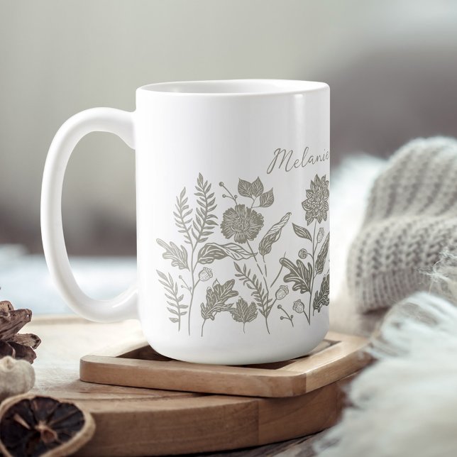 Caneca De Café Flores de outono de Folhagem Personalizadas - Verd (Personalized Foliage Autumn Flowers Sage Green Coffee Mug)