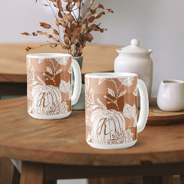 Caneca De Café Flores de outono e Xadrez laranja de abóbora de ab