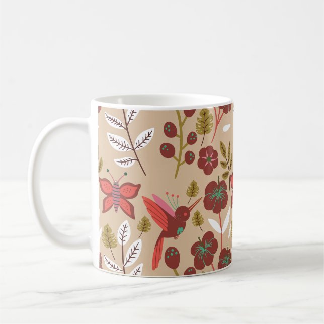 Caneca De Café Flores de padrão sem costura, pássaros, borboletas (Esquerda)