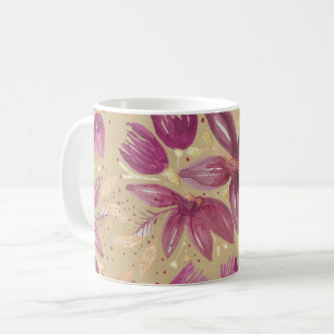 Caneca De Café Flores de Paixão, Borgonha de Aquarela e Dourado