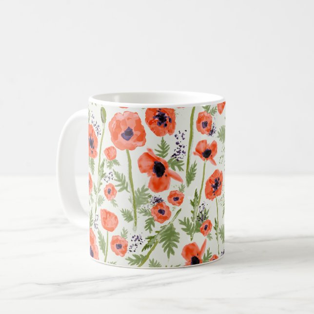 Caneca De Café Flores De Papoila Pintadas De Cor Vermelha Laranja (Frente Esquerda)