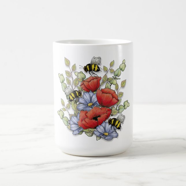 Caneca De Café Flores de Papoula e Desenho Digital de Abelhas, Bo (Centro)