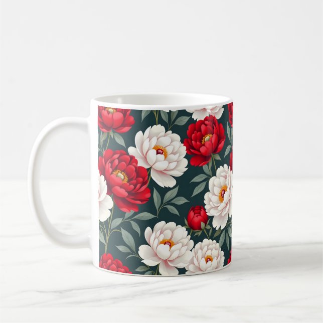 Caneca De Café Flores de peônia vermelhas e brancas (Esquerda)