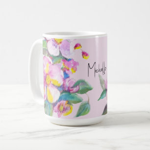 Caneca De Café Flores de Pêssego Artísticas Aquarela Personalizad