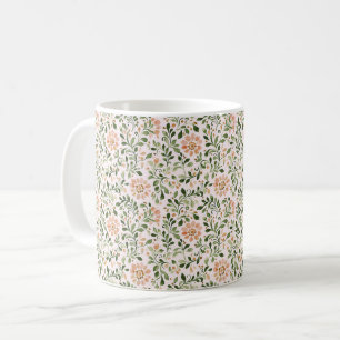 Caneca De Café Flores de Pêssego Bege Folhas Verdes