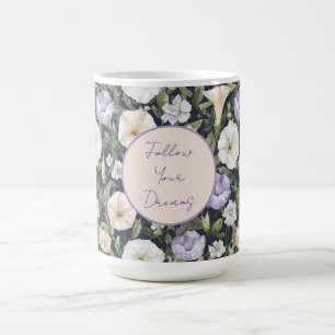 Caneca De Café Flores de Petúnia Creme Lavanda Roxa  