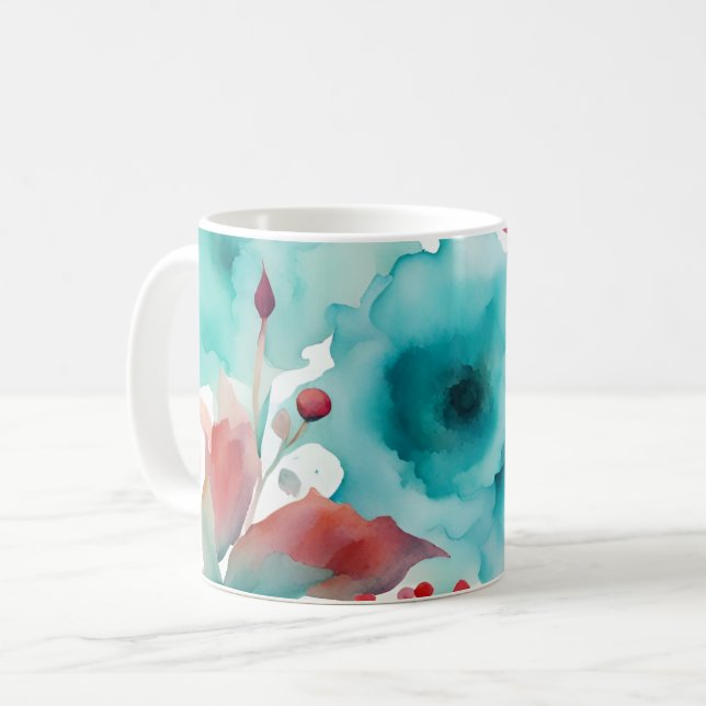 Caneca De Café Flores de primavera em aquarela azul turquesa verm (Frente Esquerda)