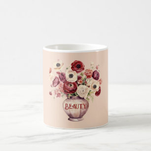 Caneca De Café Flores de Ranúnculo Vermelhas Creme