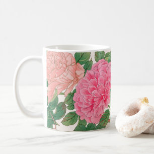 Caneca De Café Flores de Rosa cor-de-rosa e clara com folhas verd