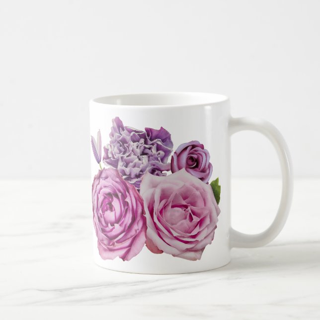 Caneca De Café Flores de Rosa de Lavanda branca rosa (Direita)