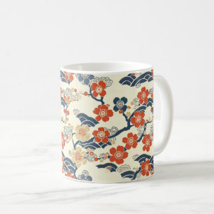 Caneca De Café Flores de Ume Japonês em Creme com Onda Azul-Marin