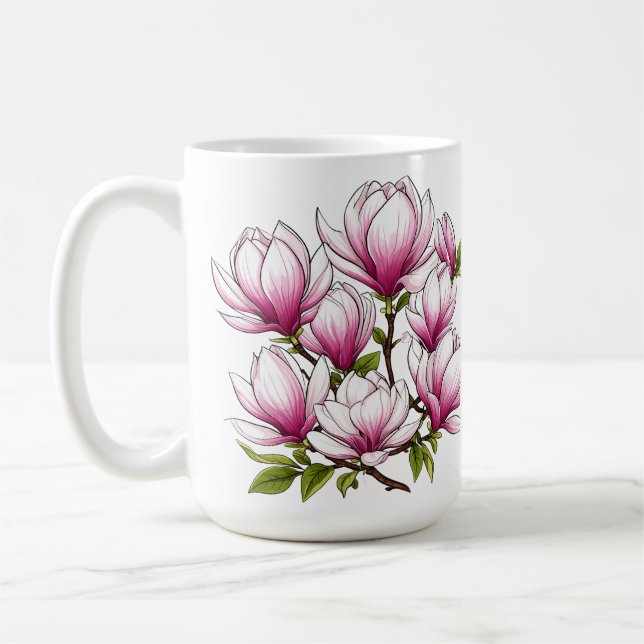 Caneca De Café Flores Delicadas de Magnólia Rosa no Ramo (Esquerda)