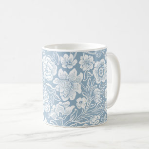 Caneca De Café Flores Desenhadas à Mão, Arte Botânica Azul Cinza