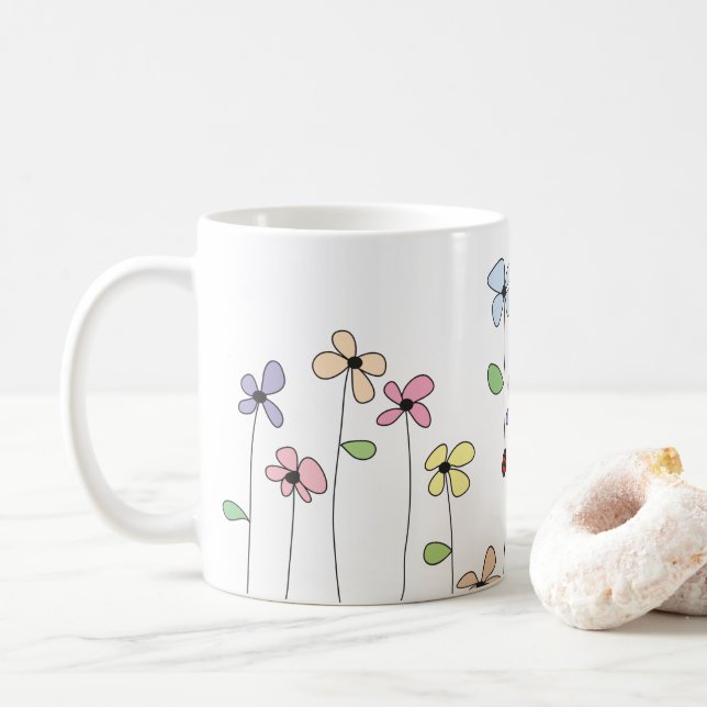 Caneca De Café Flores Desenhadas À Mão & Ladybug Mug (Com Donut)