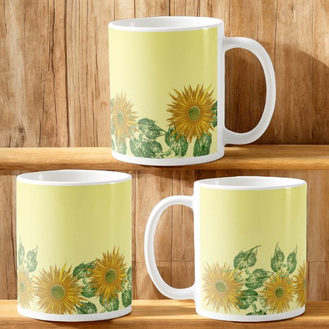 Caneca De Café Flores digitais e borda inferior de folha (left, right and opposite the handle on mug)