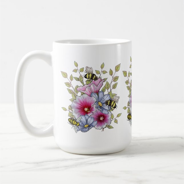 Caneca De Café Flores e Abelhas, Arte Botânica à Mão Livre (Esquerda)