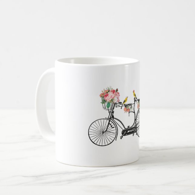 Caneca De Café Flores e Aves Românticas De Bicicletas De Vintagem (Frente Esquerda)