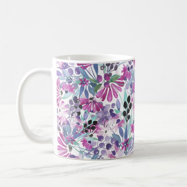 Caneca De Café Flores e Berries Roxos: Aquarela (Esquerda)