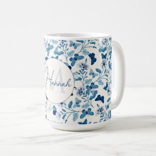 Caneca De Café Flores e Borboletas Azuis Botânicas