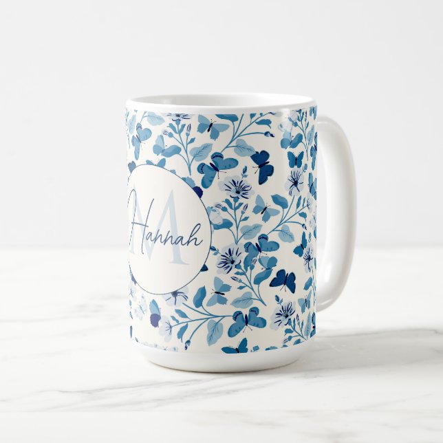 Caneca De Café Flores e Borboletas Azuis Botânicas (Frente Esquerda)