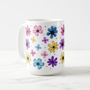 Caneca De Café Flores e Borboletas Coloridas Brilhantes