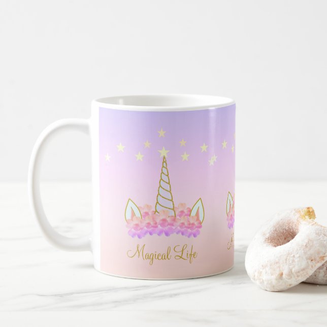 Caneca De Café Flores e Estrelas de Unicórnio (Com Donut)