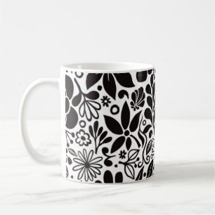 Caneca De Café Flores e Folhas Selvagens Negras em Aqua