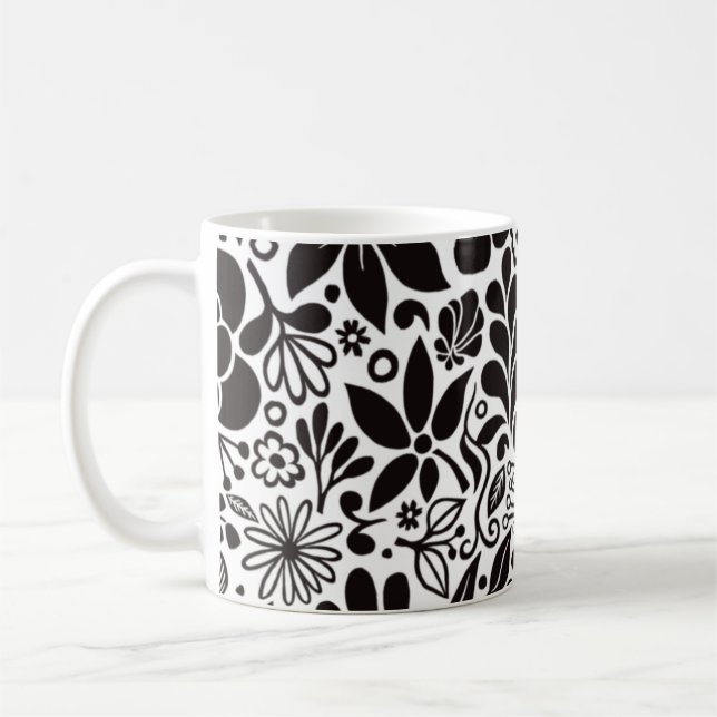 Caneca De Café Flores e Folhas Selvagens Negras em Aqua (Esquerda)