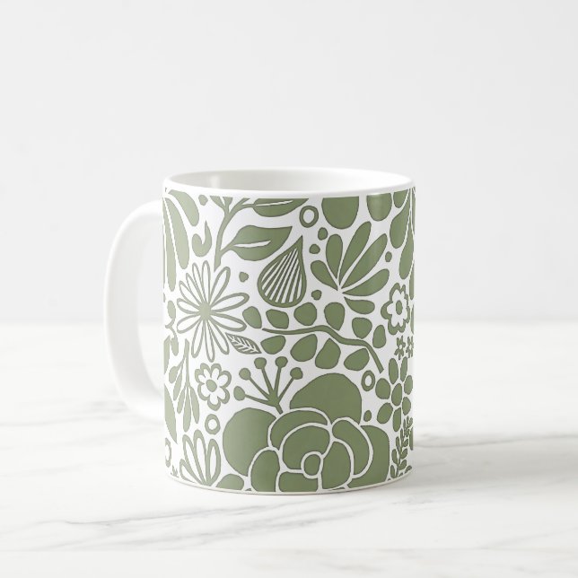 Caneca De Café Flores e Folhas Selvagens Verdes e Brancos (Frente Esquerda)