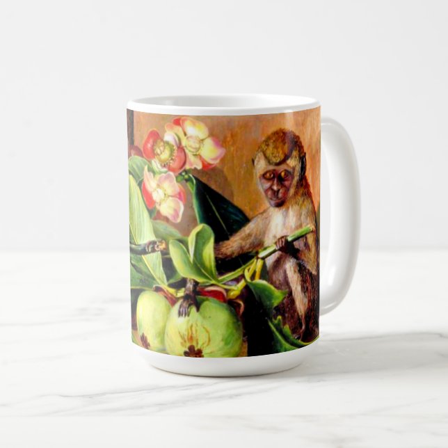 Caneca De Café Flores e frutos de Mangostão; Macaco de Singapura (Frente Esquerda)