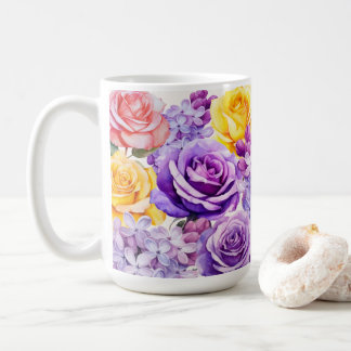 Caneca De Café Flores e Rosas Lilases Românticas